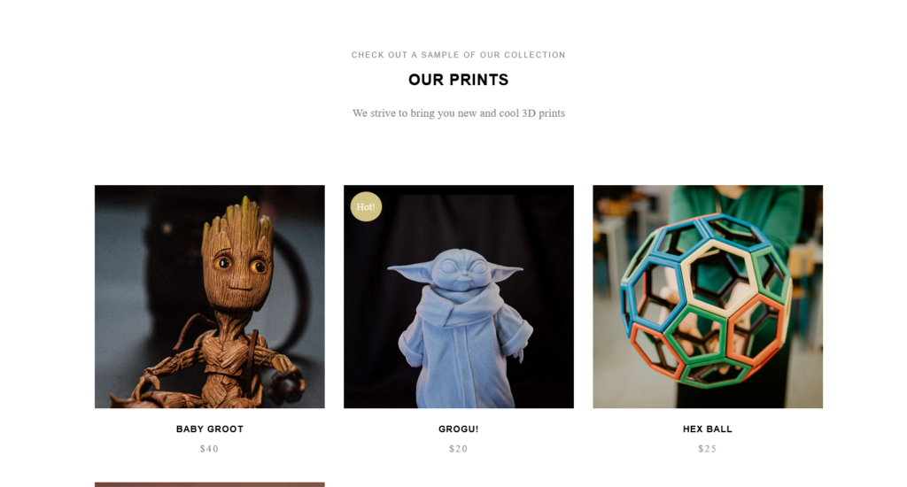Maine 3D Prints product gallery website concept
